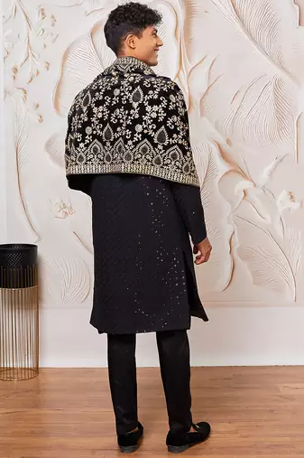 black sequin chikankari sherwani with satin pyjama & velvet embroidered dupatta | premium wedding ensemble