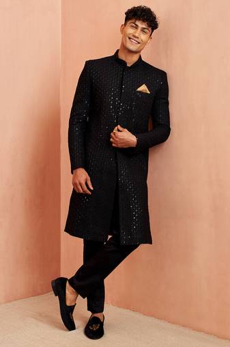 black sequin embroidered rayon sherwani with fine satin pyjama set | eid wedding wear