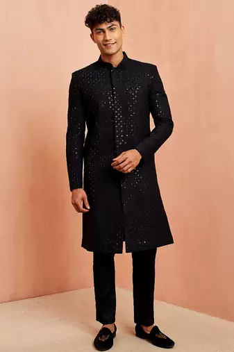 black sequin embroidered rayon sherwani with fine satin pyjama set | eid wedding wear