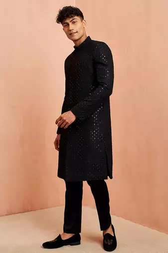 black sequin embroidered rayon sherwani with fine satin pyjama set | eid wedding wear