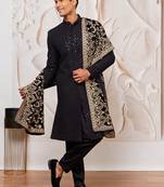 black sequin sherwani set with kurta pyjama & embroidered velvet dupatta | wedding eid wear
