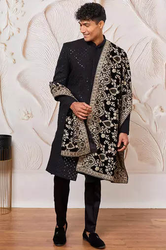 black sequin sherwani set with kurta pyjama & embroidered velvet dupatta | wedding eid wear