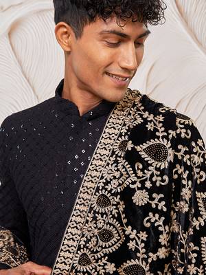 black sequin sherwani set with kurta pyjama & embroidered velvet dupatta | wedding eid wear 3