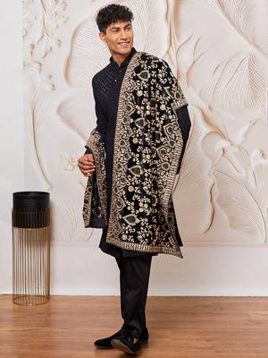 black sequin sherwani set with kurta pyjama & embroidered velvet dupatta | wedding eid wear 4