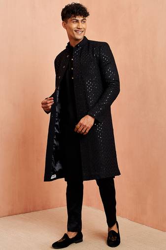 black sequin chikankari sherwani with silk kurta & satin pyjama | premium 3-piece wedding set