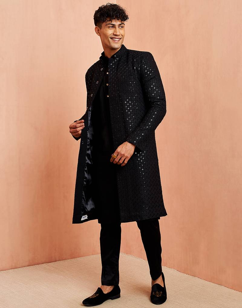black sequin chikankari sherwani with silk kurta & satin pyjama | premium 3-piece wedding set