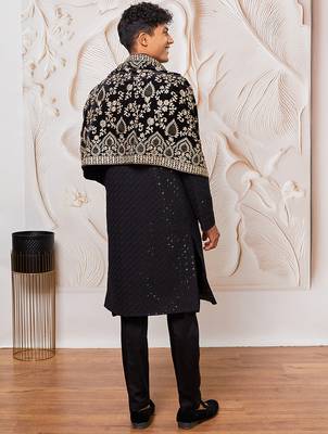 black sequin sherwani set with kurta pyjama & embroidered velvet dupatta | wedding eid wear 5