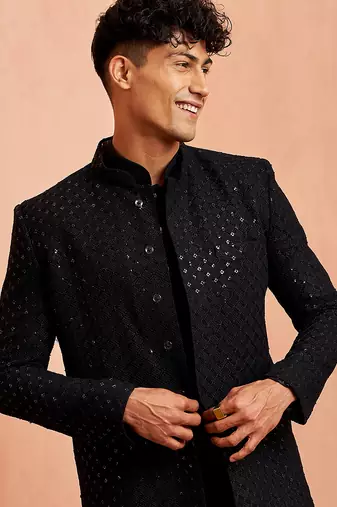 black sequin chikankari sherwani with silk kurta & satin pyjama | premium 3-piece wedding set