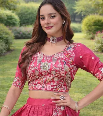 rani pink gold crush floral zari lehenga choli set