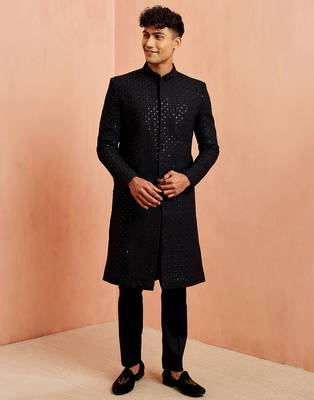 black sequin chikankari sherwani with silk kurta & satin pyjama | premium 3-piece wedding set 3