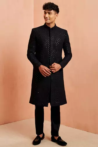black sequin chikankari sherwani with silk kurta & satin pyjama | premium 3-piece wedding set