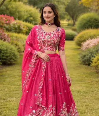 rani pink gold crush floral zari lehenga choli set