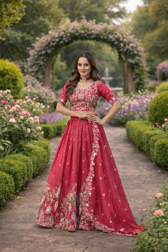 rani pink gold crush floral zari lehenga choli set