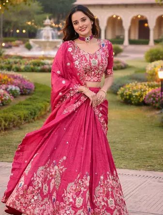 rani pink gold crush floral zari lehenga choli set