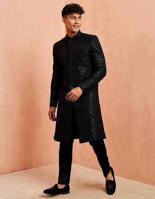 black sequin chikankari sherwani with silk kurta & satin pyjama | premium 3-piece wedding set 4