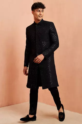black sequin chikankari sherwani with silk kurta & satin pyjama | premium 3-piece wedding set