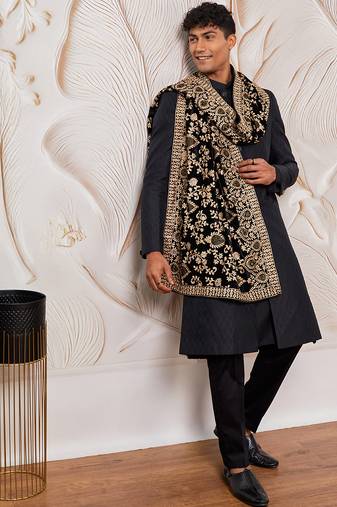 black kalka jacquard sherwani set with viscose pyjama & embroidered velvet dupatta | wedding party wear