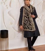 black kalka jacquard sherwani set with viscose pyjama & embroidered velvet dupatta | wedding party wear