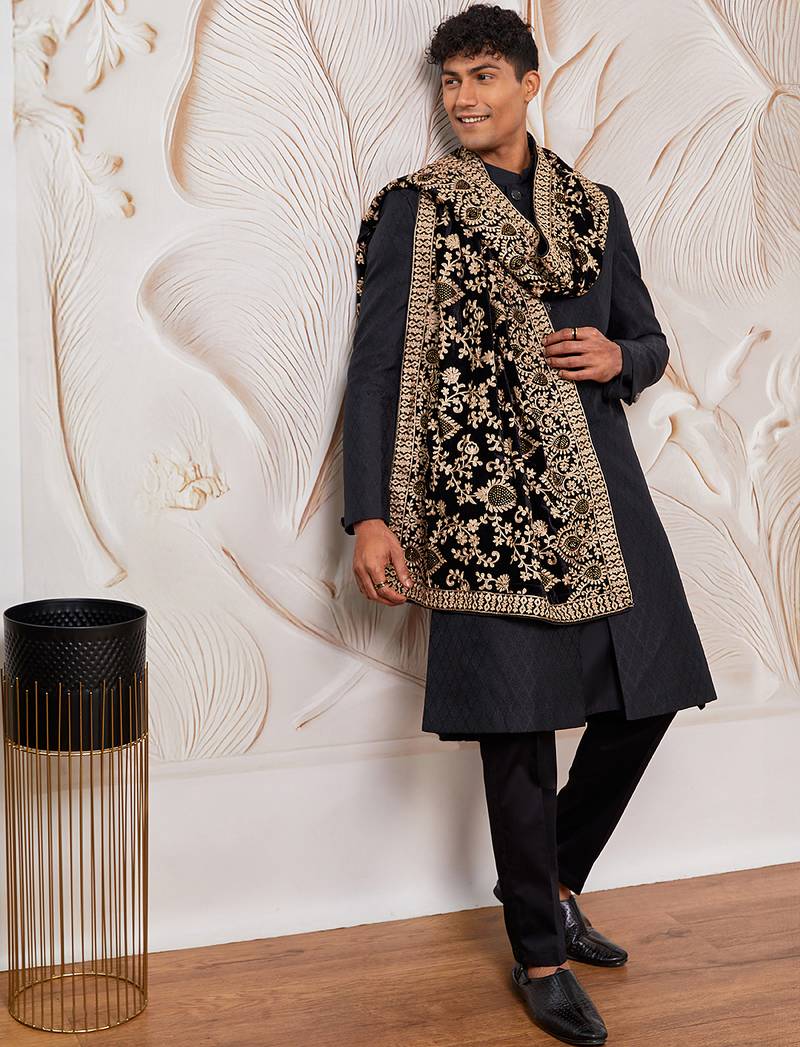 black kalka jacquard sherwani set with viscose pyjama & embroidered velvet dupatta | wedding party wear