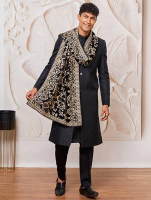 black kalka jacquard sherwani set with viscose pyjama & embroidered velvet dupatta | wedding party wear 2