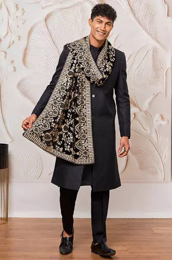 black kalka jacquard sherwani set with viscose pyjama & embroidered velvet dupatta | wedding party wear