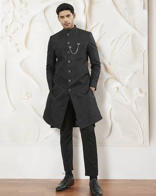 black kalka jacquard silk blend sherwani with black viscose pyjama | elegant festive wedding set 1