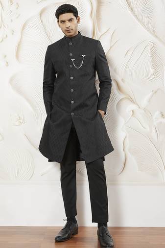 black kalka jacquard silk blend sherwani with black viscose pyjama | elegant festive wedding set