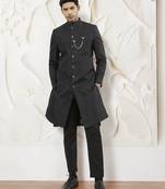 black kalka jacquard silk blend sherwani with black viscose pyjama | elegant festive wedding set