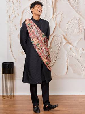 black kalka jacquard sherwani set with viscose pyjama & multicolor paisley dupatta | wedding party wear 1