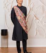black kalka jacquard sherwani set with viscose pyjama & multicolor paisley dupatta | wedding party wear