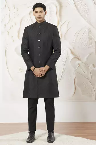 black kalka jacquard silk blend sherwani with black viscose pyjama | elegant festive wedding set