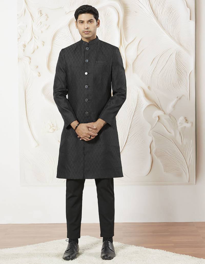 black kalka jacquard silk blend sherwani with black viscose pyjama | elegant festive wedding set
