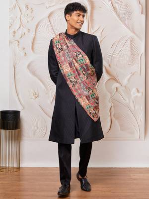 black kalka jacquard sherwani set with viscose pyjama & multicolor paisley dupatta | wedding party wear 2