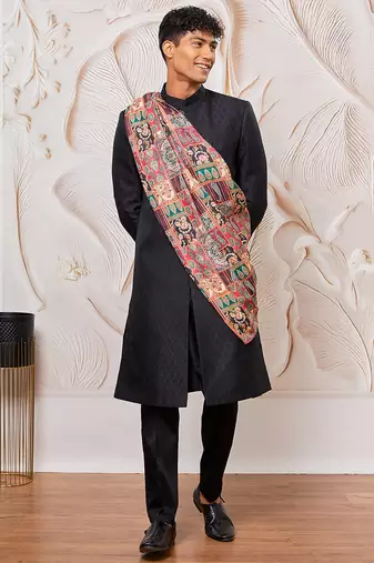 black kalka jacquard sherwani set with viscose pyjama & multicolor paisley dupatta | wedding party wear