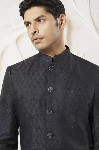 black kalka jacquard silk blend sherwani with black viscose pyjama | elegant festive wedding set