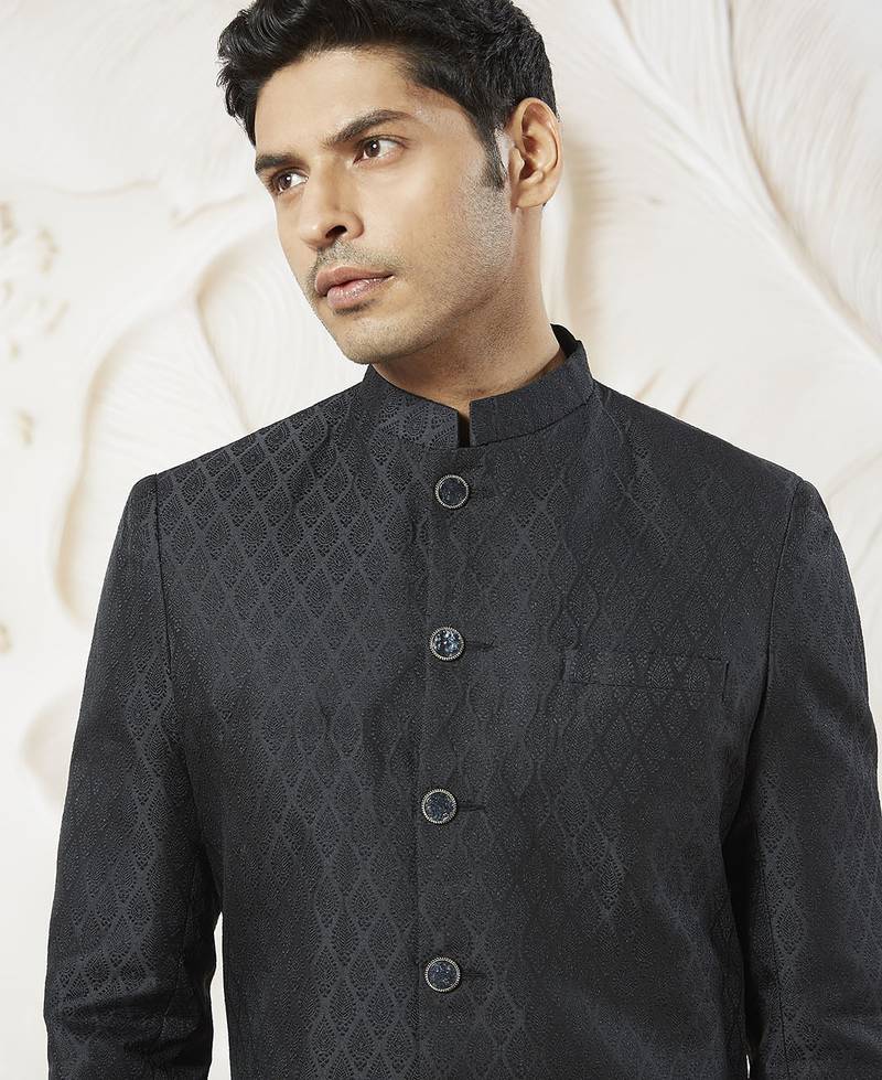 black kalka jacquard silk blend sherwani with black viscose pyjama | elegant festive wedding set