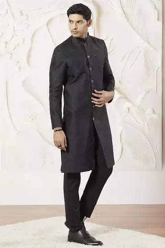 black kalka jacquard silk blend sherwani with black viscose pyjama | elegant festive wedding set