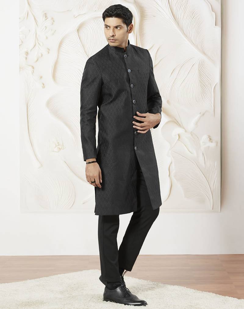 black kalka jacquard silk blend sherwani with black viscose pyjama | elegant festive wedding set