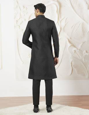 black kalka jacquard silk blend sherwani with black viscose pyjama | elegant festive wedding set 5
