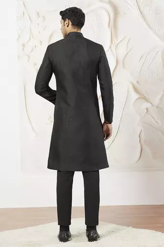 black kalka jacquard silk blend sherwani with black viscose pyjama | elegant festive wedding set