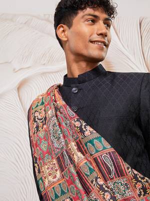 black kalka jacquard sherwani set with viscose pyjama & multicolor paisley dupatta | wedding party wear 3