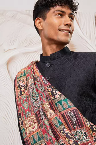 black kalka jacquard sherwani set with viscose pyjama & multicolor paisley dupatta | wedding party wear