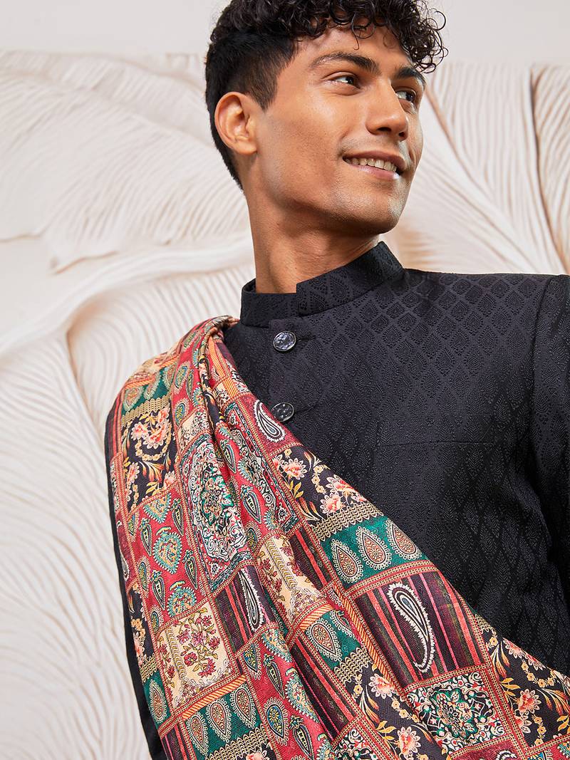 black kalka jacquard sherwani set with viscose pyjama & multicolor paisley dupatta | wedding party wear