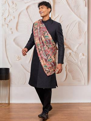 black kalka jacquard sherwani set with viscose pyjama & multicolor paisley dupatta | wedding party wear 4