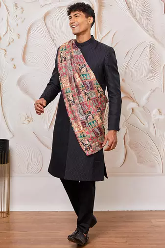 black kalka jacquard sherwani set with viscose pyjama & multicolor paisley dupatta | wedding party wear