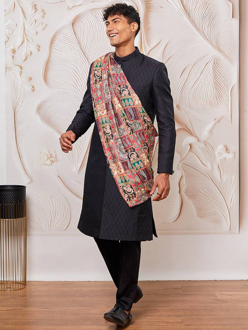 black kalka jacquard sherwani set with viscose pyjama & multicolor paisley dupatta | wedding party wear
