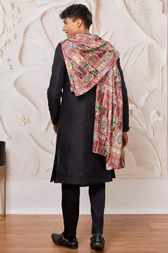 black kalka jacquard sherwani set with viscose pyjama & multicolor paisley dupatta | wedding party wear