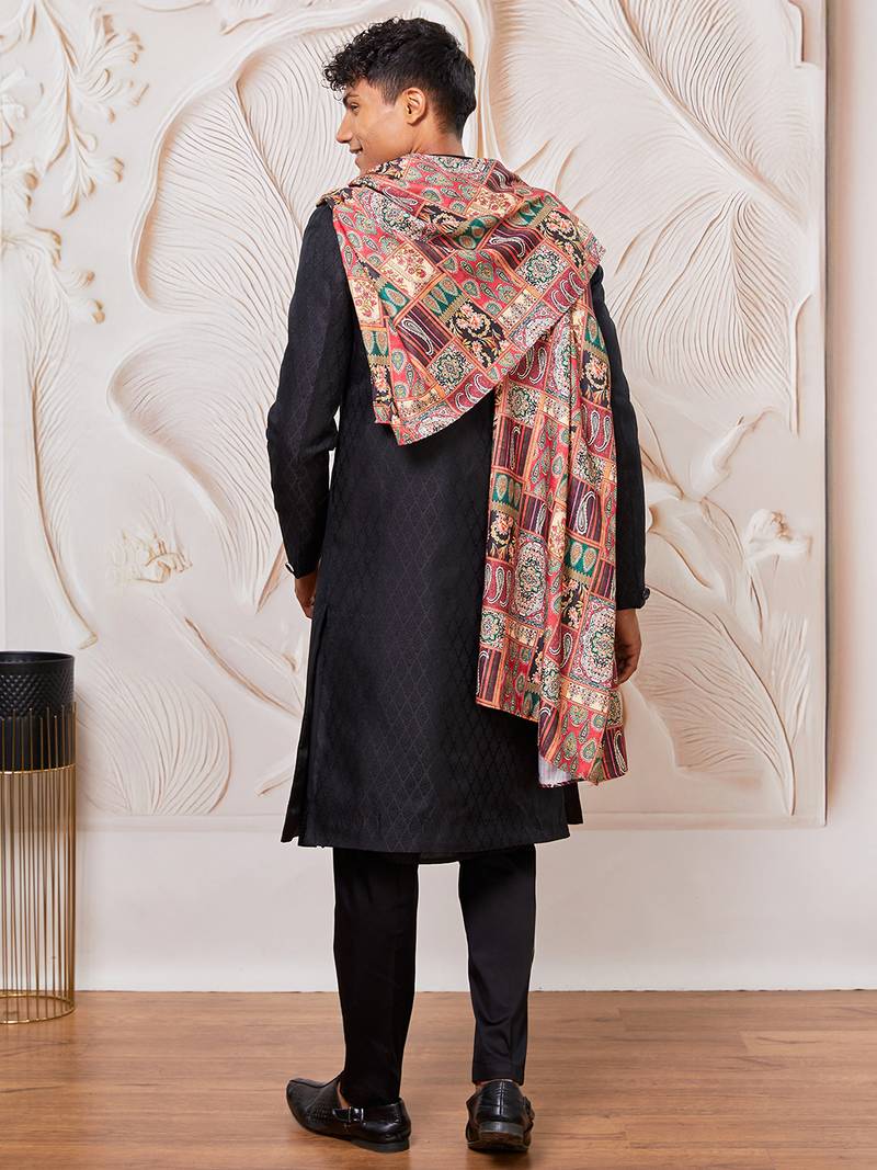 black kalka jacquard sherwani set with viscose pyjama & multicolor paisley dupatta | wedding party wear
