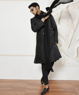 black kalka jacquard sherwani set with kurta, pyjama & embroidered georgette dupatta | wedding festive wear 1