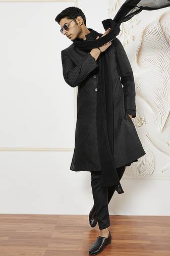 black kalka jacquard sherwani set with kurta, pyjama & embroidered georgette dupatta | wedding festive wear